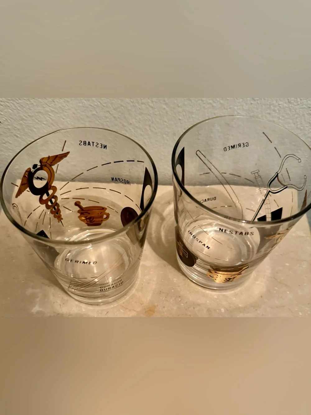 2 MCM Medical/Pharmacist Theme Rocks 16oz Glasses w/22k gold and black.